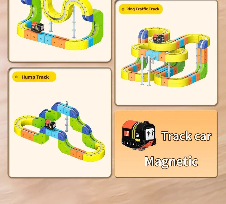 Piste de course magnétique 62/105/167 pièces – Compatible avec le set de voitures Magic Cube, le train motorisé STEM et le jouet labyrinthe à gravité, cadeau pour enfants